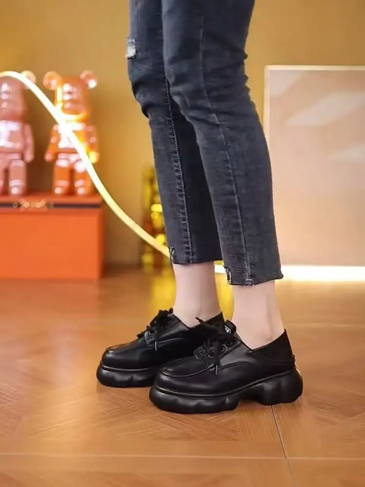 Thick-soled Internet-famous Loafers Women's 2024 New Black Leather Shoes French Soft-soled Height-increasing British-style Lace-up Shoes — feature 9