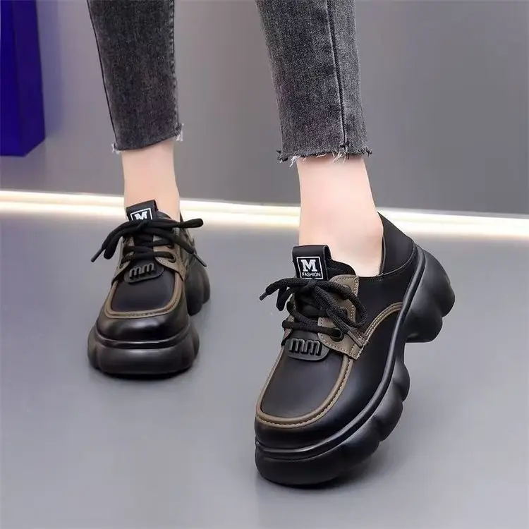 Thick-soled Internet-famous Loafers Women's 2024 New Black Leather Shoes French Soft-soled Height-increasing British-style Lace-up Shoes - Image 2