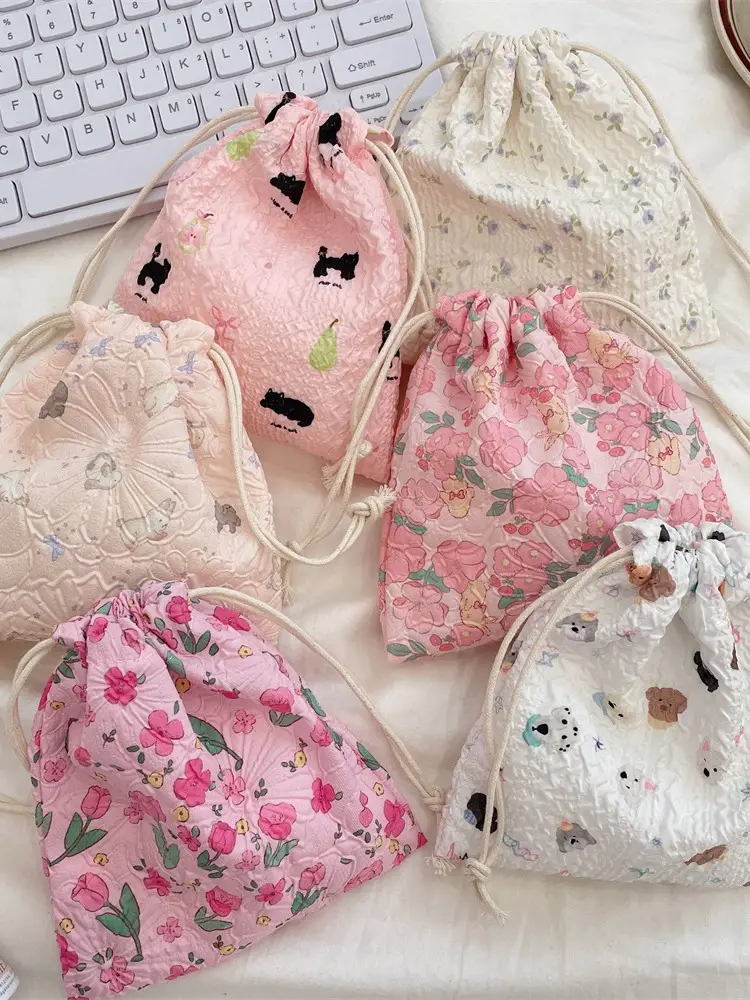White Floral Drawstring Storage Bag for Accessories - Image 15