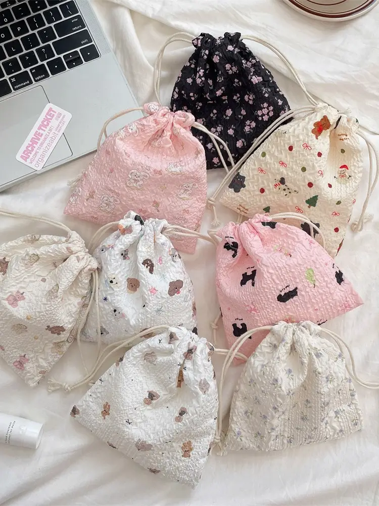 White Floral Drawstring Storage Bag for Accessories - Image 16