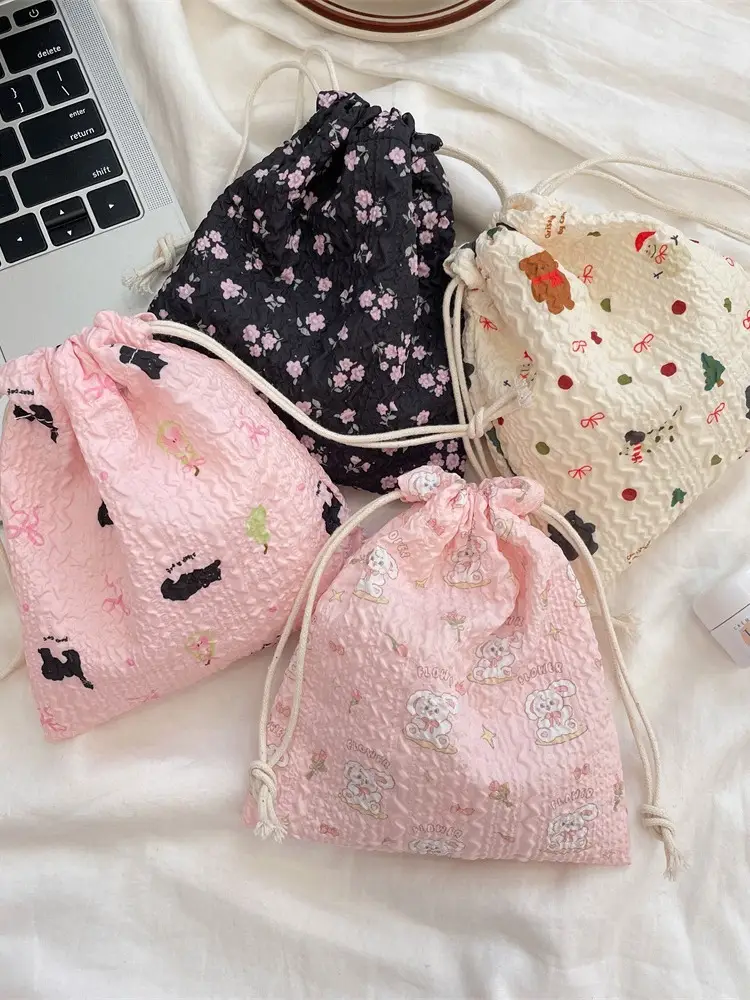 White Floral Drawstring Storage Bag for Accessories - Image 17