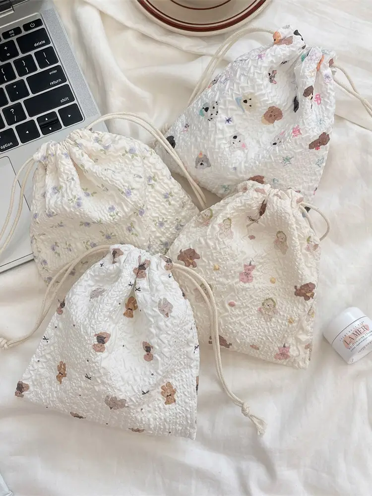 White Floral Drawstring Storage Bag for Accessories - Image 18