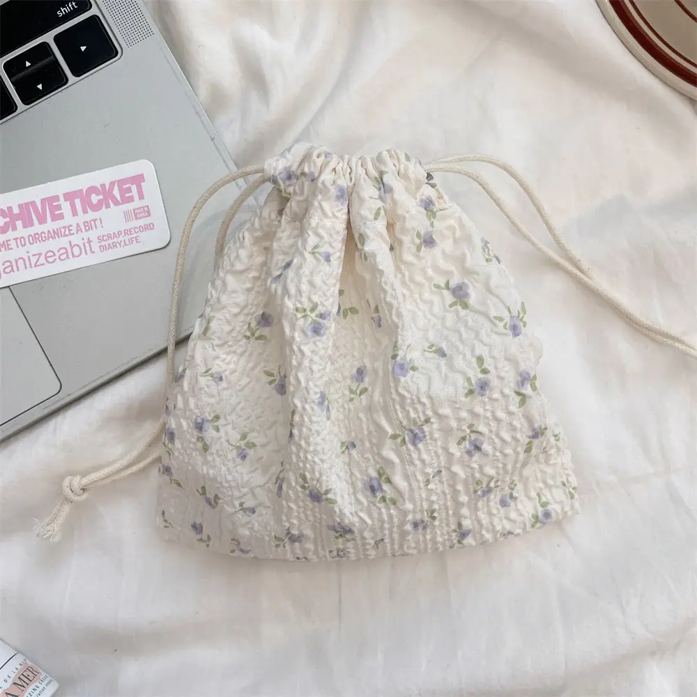 White Floral Drawstring Storage Bag for Accessories - Image 10