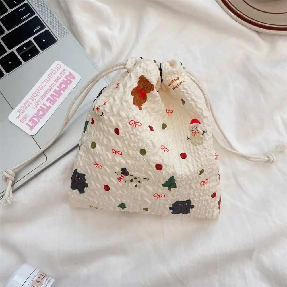 White Floral Drawstring Storage Bag for Accessories - Image 11