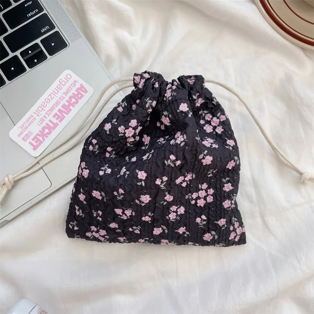 White Floral Drawstring Storage Bag for Accessories - Image 12