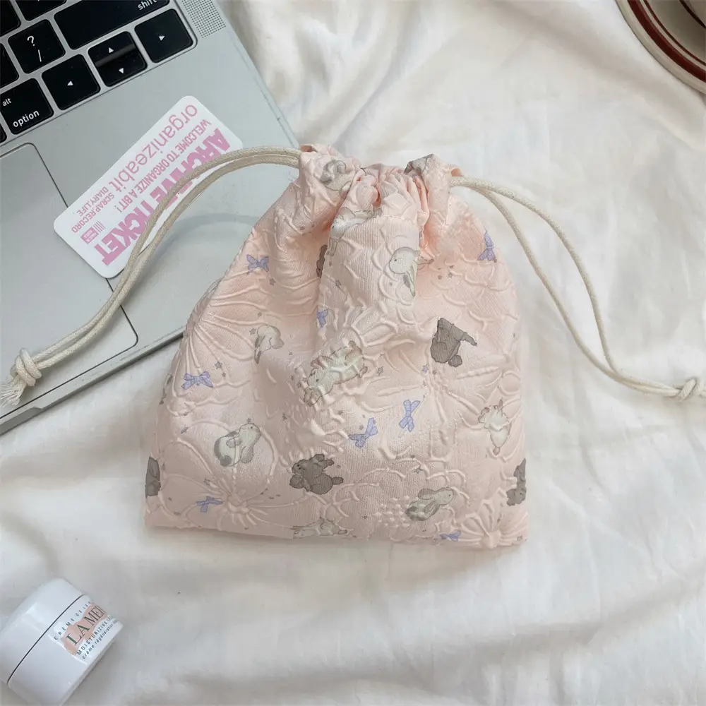 White Floral Drawstring Storage Bag for Accessories - Image 13