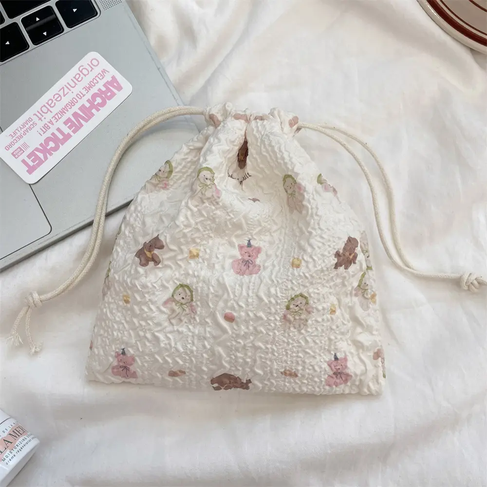 White Floral Drawstring Storage Bag for Accessories - Image 2