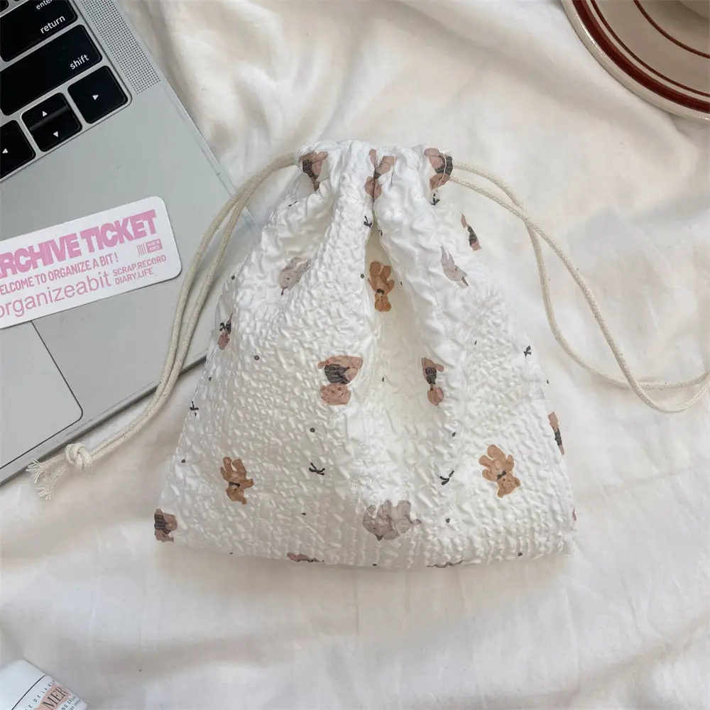 White Floral Drawstring Storage Bag for Accessories - Image 3