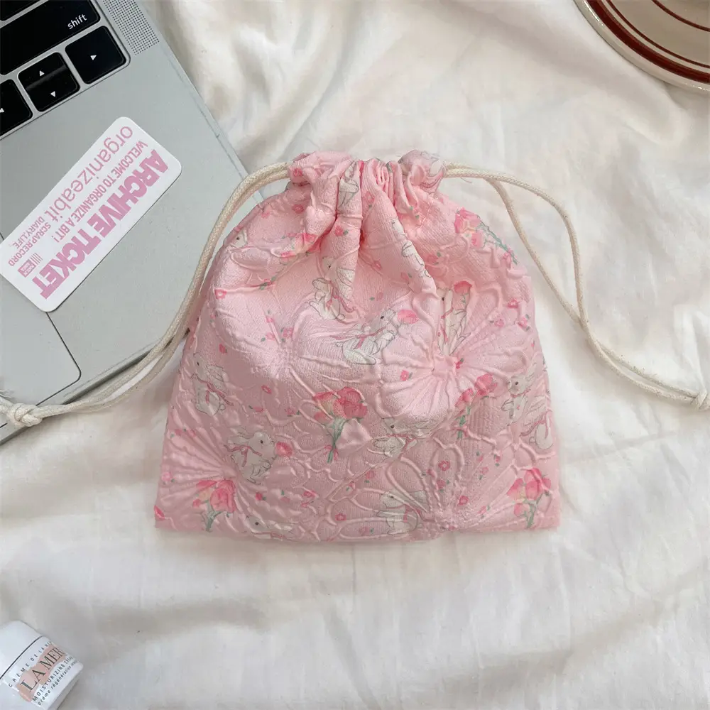 White Floral Drawstring Storage Bag for Accessories - Image 7