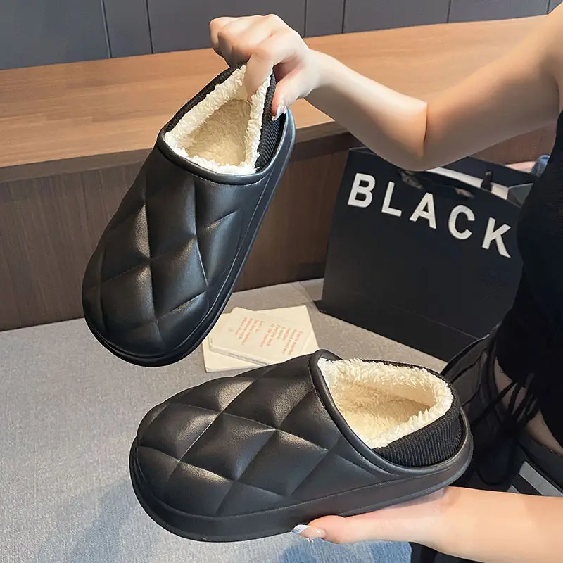 Autumn and Winter Bag Heel Waterproof Cotton Slippers for Women Couple Home Indoor and Outdoor Wear fleece-lined Non-slip Warm Moon Shoes for Men
