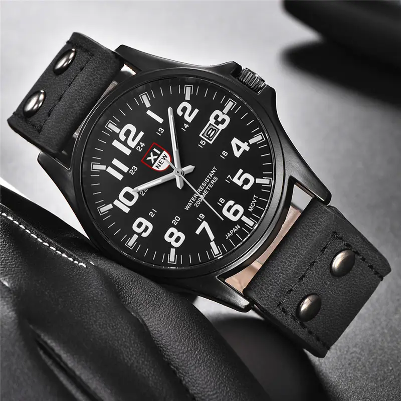 Men's Black Leather Strap Quartz Watch with Green Dial — feature 2