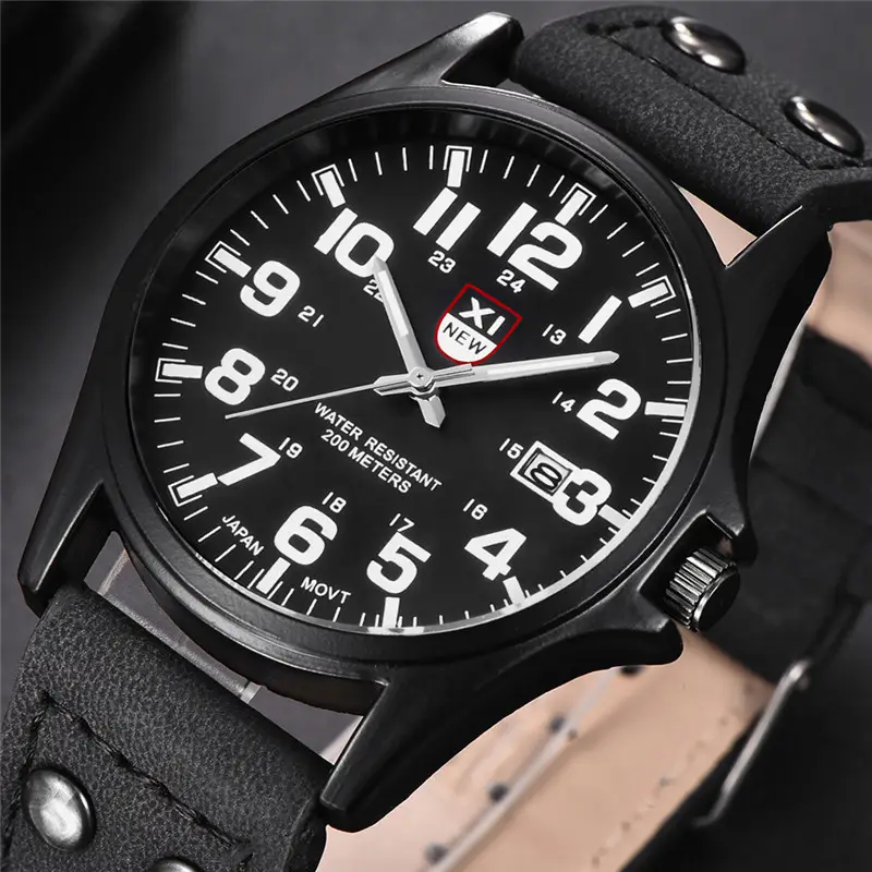 Men's Black Leather Strap Quartz Watch with Green Dial — feature 3