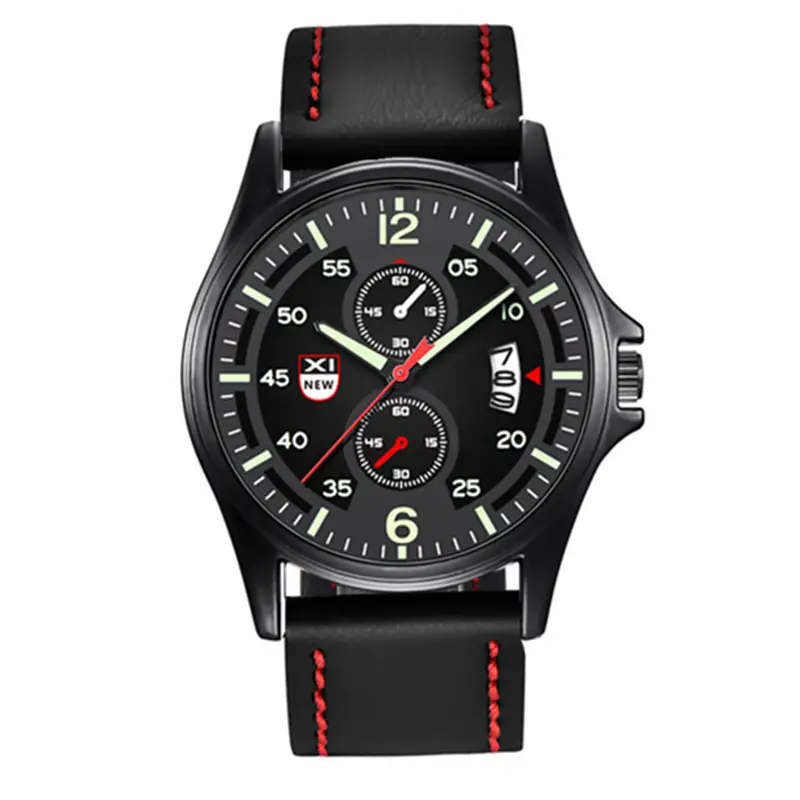 Men's Black Leather Strap Quartz Watch with Green Dial - Image 3