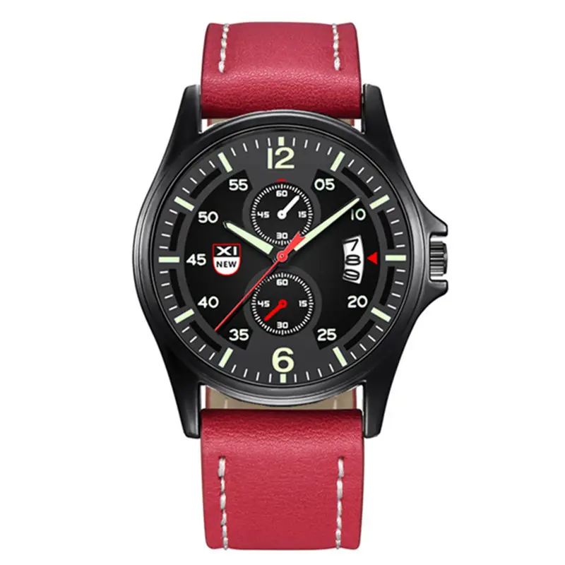 Men's Black Leather Strap Quartz Watch with Green Dial - Image 5