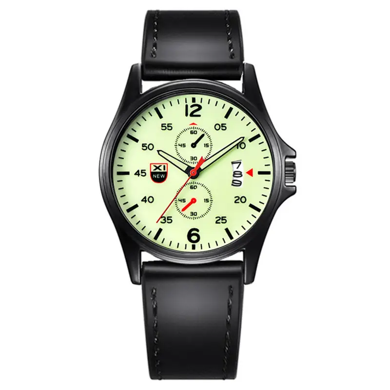 Men's Black Leather Strap Quartz Watch with Green Dial - Image 6