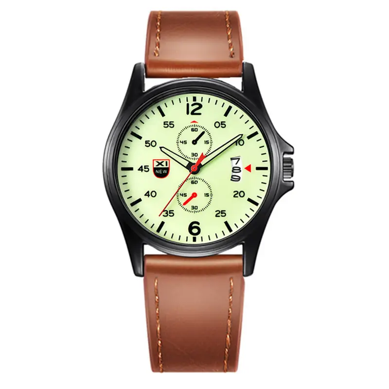 Men's Black Leather Strap Quartz Watch with Green Dial - Image 8