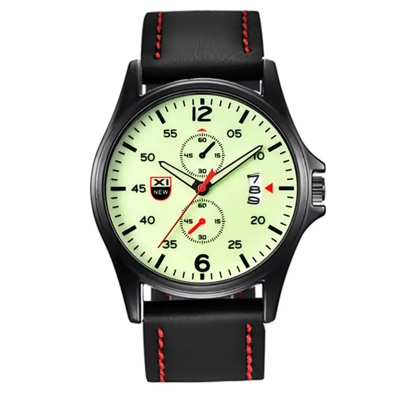 Men's Black Leather Strap Quartz Watch with Green Dial - Image 9