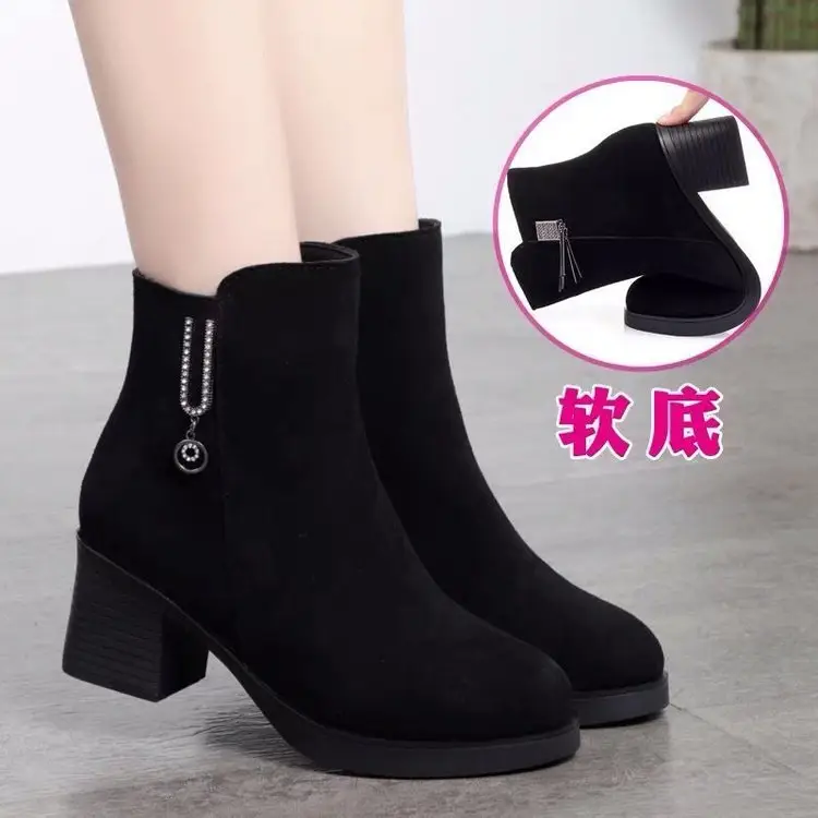 Women's Black Fleece Lined Heel Boots with Zipper - Image 6