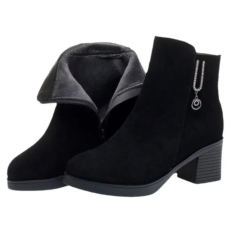 Women's Black Fleece Lined Heel Boots with Zipper - Image 8