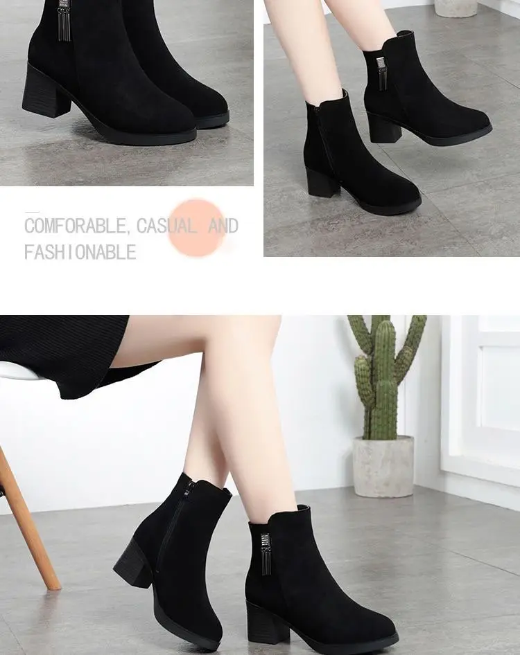 Women's Black Fleece Lined Heel Boots with Zipper — feature 4