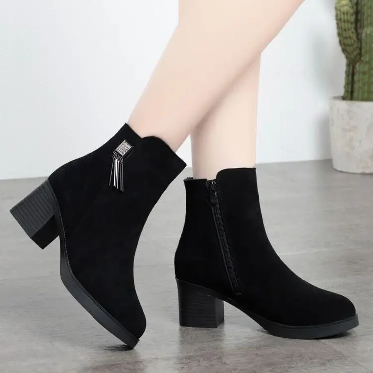 Women's Black Fleece Lined Heel Boots with Zipper - Image 3