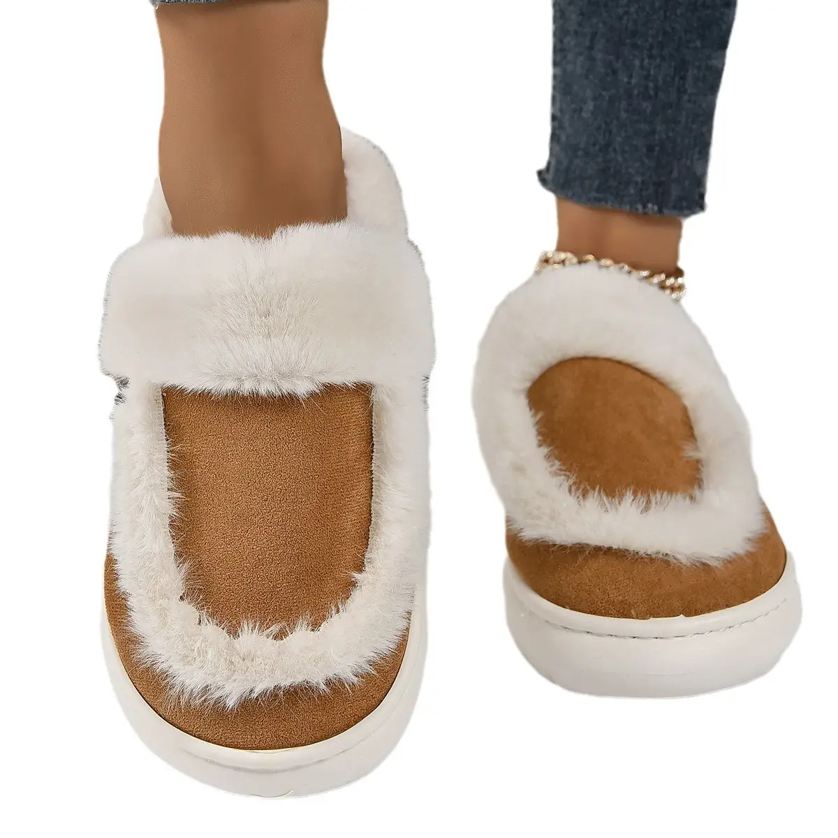 2024 Winter Women's Thick Plush Slippers Brown White - Image 5
