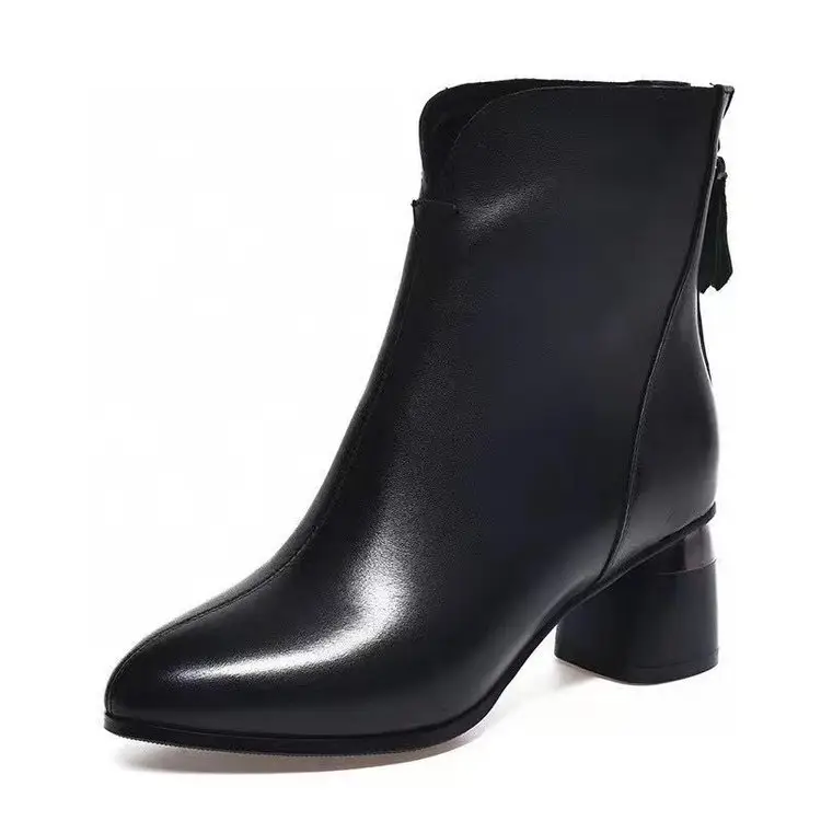 Women's Black Leather Pointed Heel Boots Middle Heel