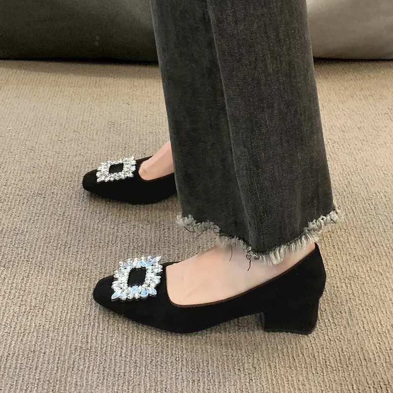 French-Style Women's Shoes 2024 Spring New Elegant Rhinestone High Heels Chunky Heel Square Toe Commuting Evening Shoes Commuter Style - Image 4
