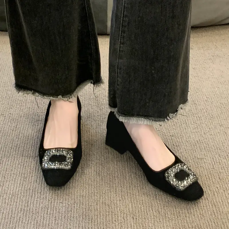 French-Style Women's Shoes 2024 Spring New Elegant Rhinestone High Heels Chunky Heel Square Toe Commuting Evening Shoes Commuter Style - Image 6