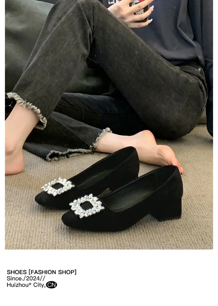 French-Style Women's Shoes 2024 Spring New Elegant Rhinestone High Heels Chunky Heel Square Toe Commuting Evening Shoes Commuter Style — feature 10