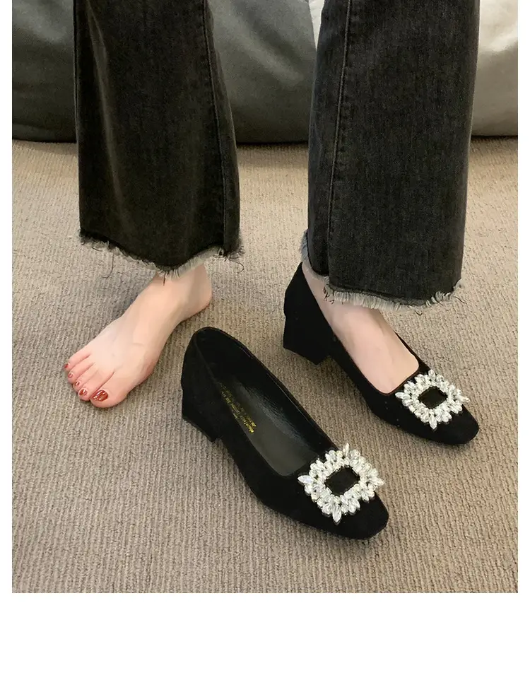 French-Style Women's Shoes 2024 Spring New Elegant Rhinestone High Heels Chunky Heel Square Toe Commuting Evening Shoes Commuter Style — feature 12