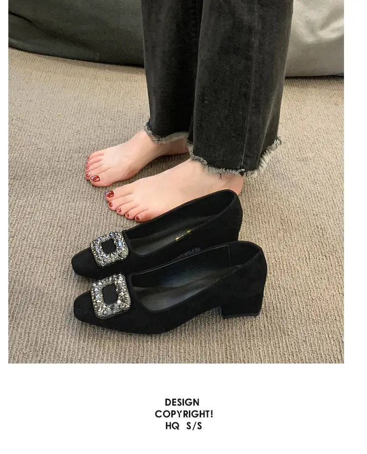 French-Style Women's Shoes 2024 Spring New Elegant Rhinestone High Heels Chunky Heel Square Toe Commuting Evening Shoes Commuter Style — feature 13
