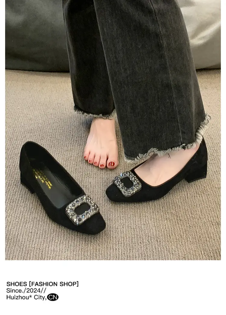 French-Style Women's Shoes 2024 Spring New Elegant Rhinestone High Heels Chunky Heel Square Toe Commuting Evening Shoes Commuter Style — feature 14