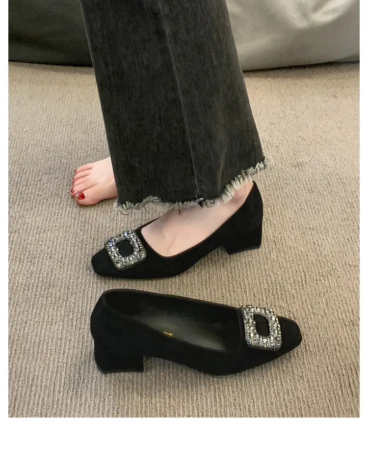 French-Style Women's Shoes 2024 Spring New Elegant Rhinestone High Heels Chunky Heel Square Toe Commuting Evening Shoes Commuter Style — feature 15