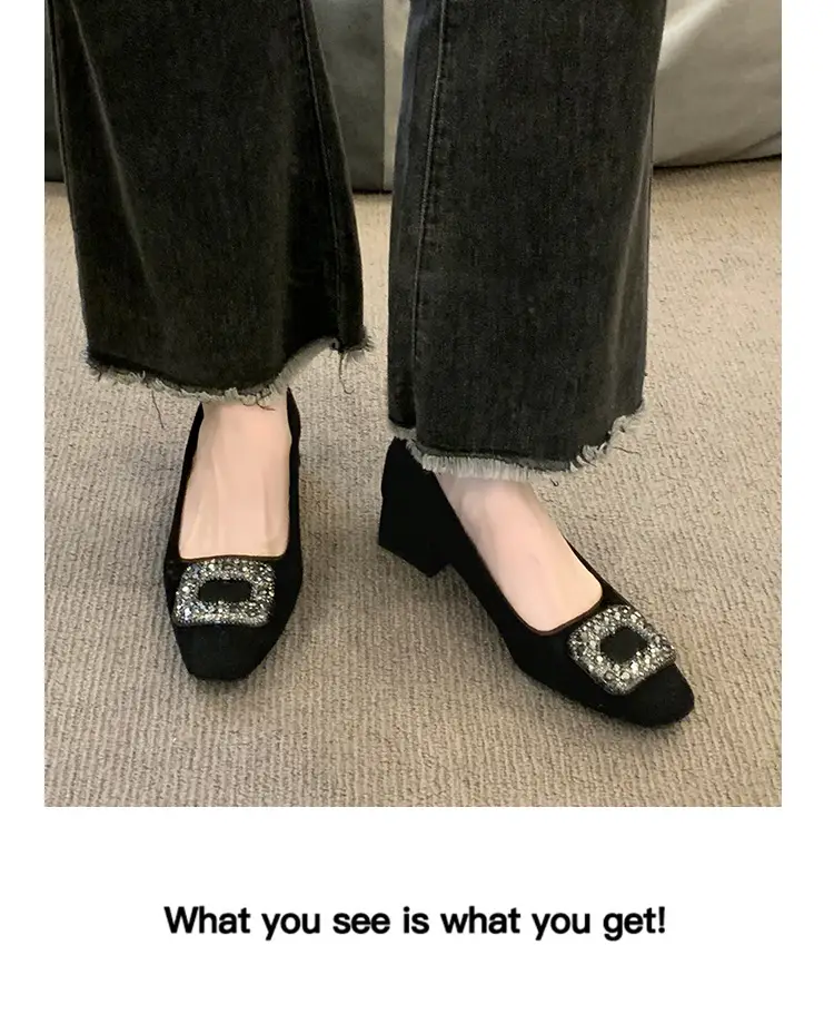 French-Style Women's Shoes 2024 Spring New Elegant Rhinestone High Heels Chunky Heel Square Toe Commuting Evening Shoes Commuter Style — feature 17