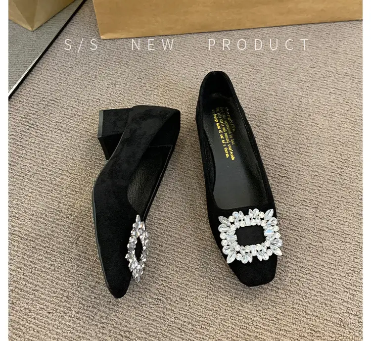 French-Style Women's Shoes 2024 Spring New Elegant Rhinestone High Heels Chunky Heel Square Toe Commuting Evening Shoes Commuter Style — feature 19