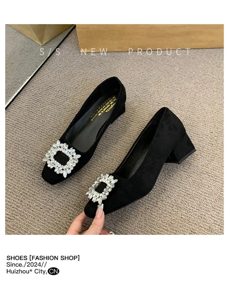 French-Style Women's Shoes 2024 Spring New Elegant Rhinestone High Heels Chunky Heel Square Toe Commuting Evening Shoes Commuter Style — feature 20