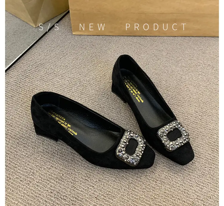 French-Style Women's Shoes 2024 Spring New Elegant Rhinestone High Heels Chunky Heel Square Toe Commuting Evening Shoes Commuter Style — feature 22
