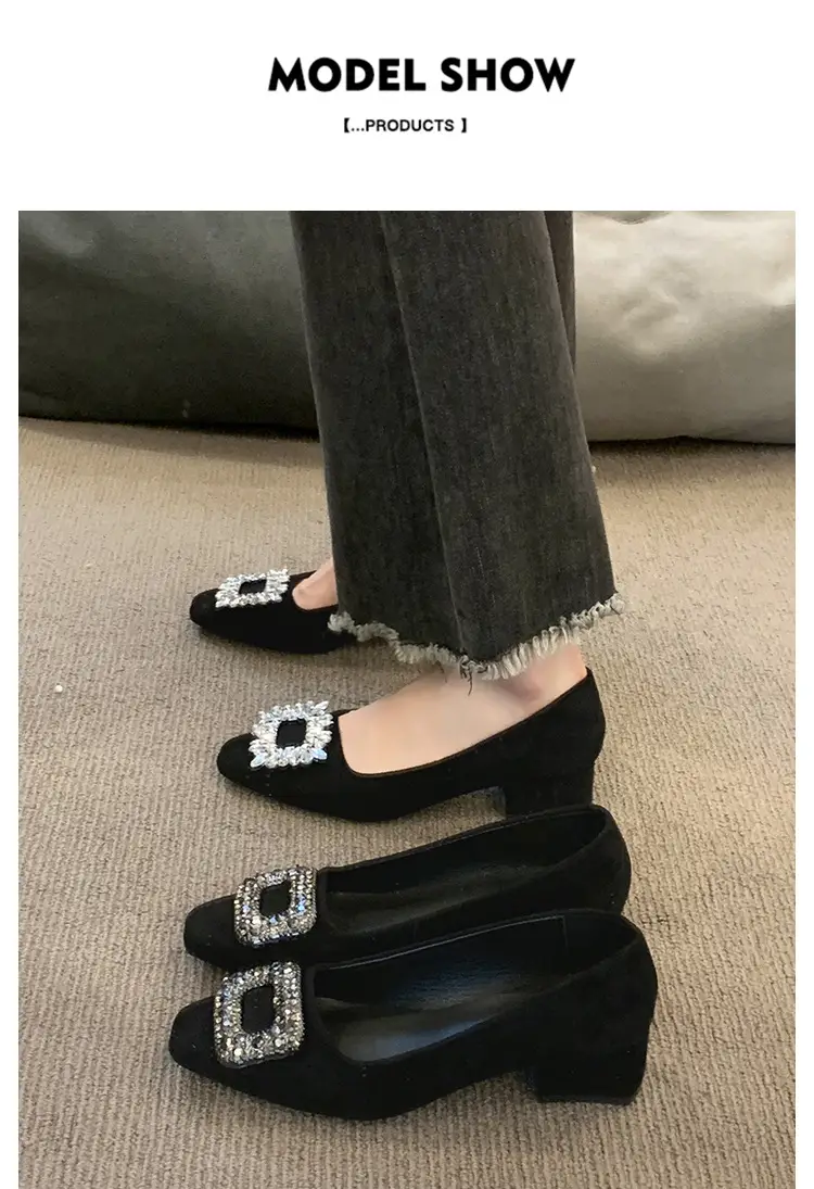 French-Style Women's Shoes 2024 Spring New Elegant Rhinestone High Heels Chunky Heel Square Toe Commuting Evening Shoes Commuter Style — feature 8
