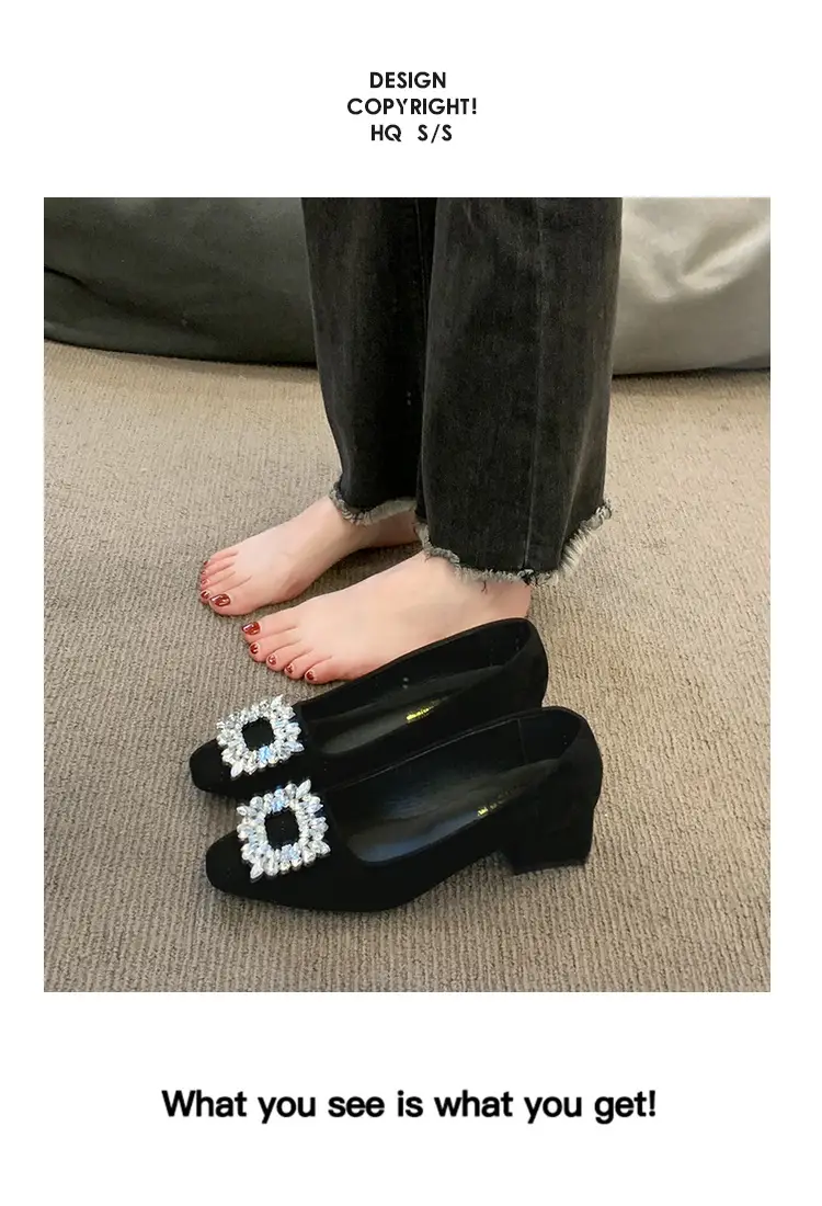French-Style Women's Shoes 2024 Spring New Elegant Rhinestone High Heels Chunky Heel Square Toe Commuting Evening Shoes Commuter Style — feature 9