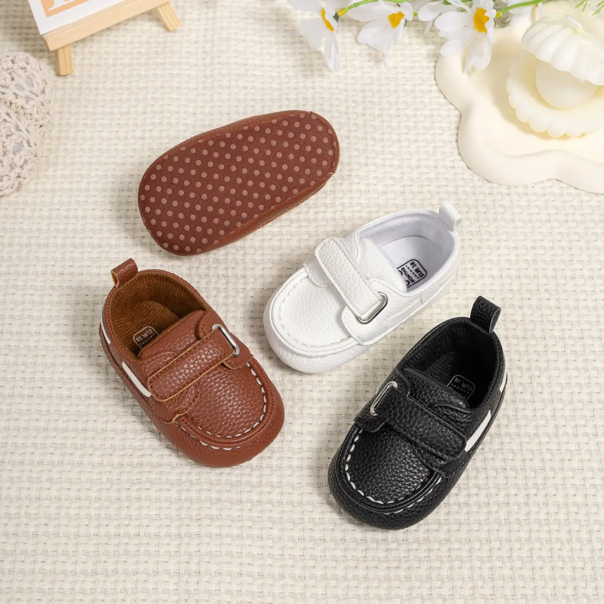 Baby Shoes Brown White Black Velcro Non-Slip
