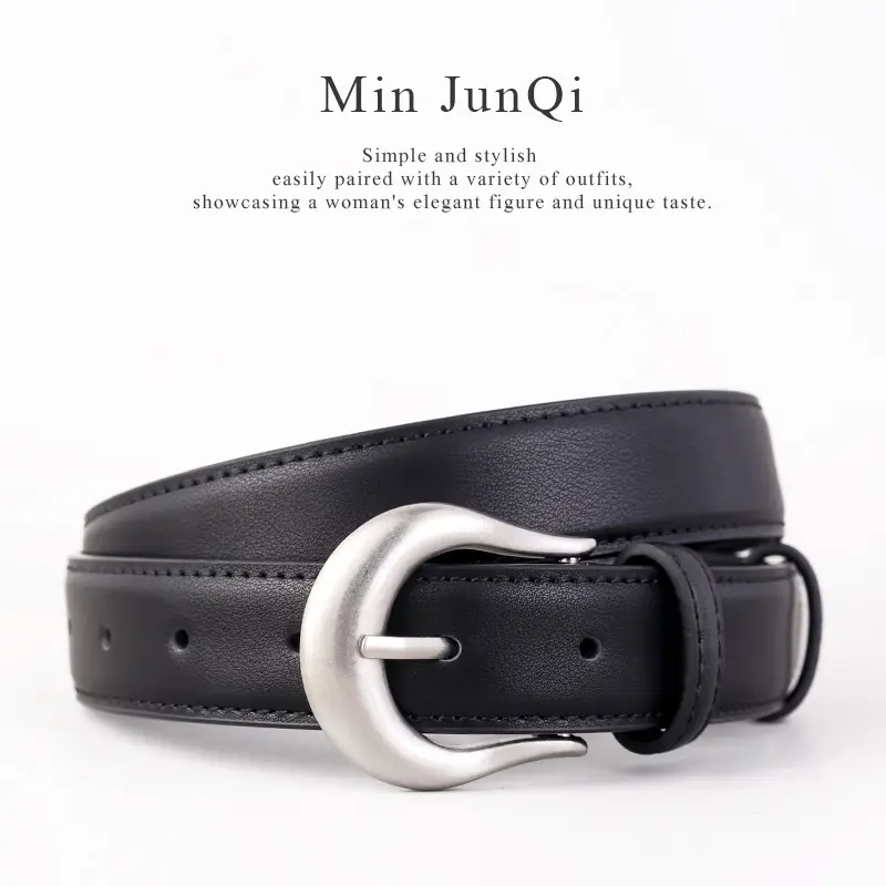 Women Genuine Leather Belt with Silver Buckle Black - Image 4
