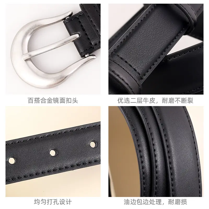 Women Genuine Leather Belt with Silver Buckle Black - Image 6