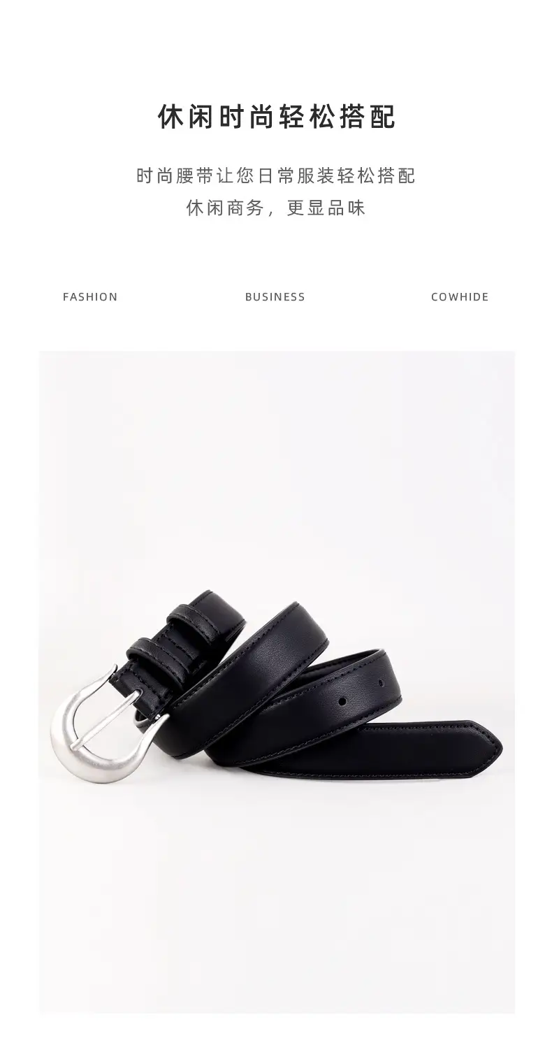 Women Genuine Leather Belt with Silver Buckle Black — feature 9