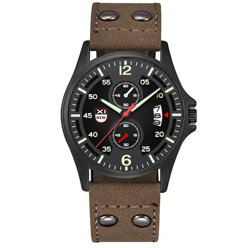 Men's Military Style Green Leather Watch with 3-Hand Display