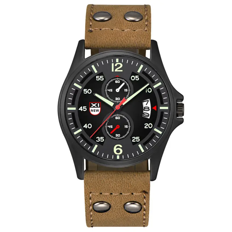 Men's Military Style Green Leather Watch with 3-Hand Display