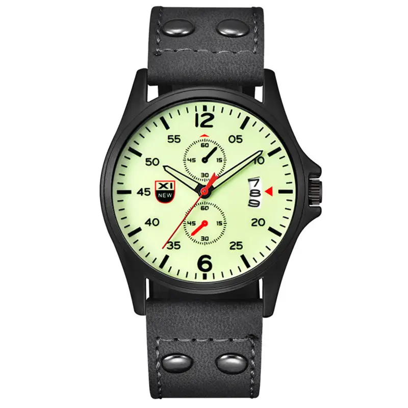 Men's Military Style Green Leather Watch with 3-Hand Display