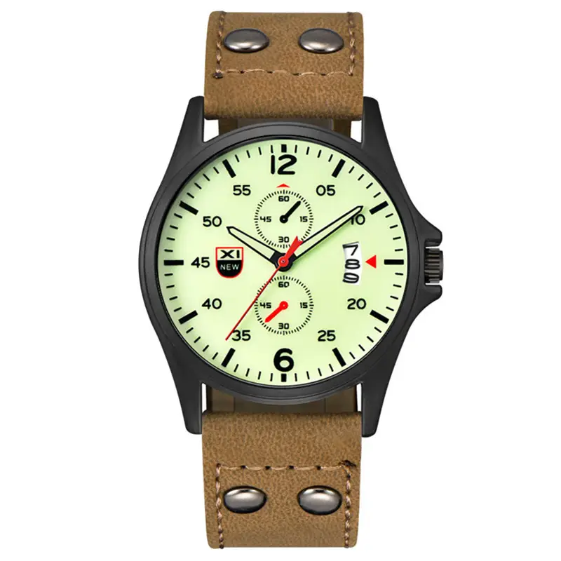 Men's Military Style Green Leather Watch with 3-Hand Display