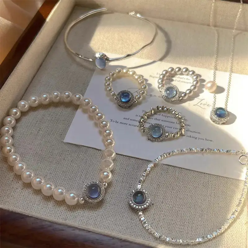 Aquamarine Broken Silver Bracelet Ring Combination — feature 1