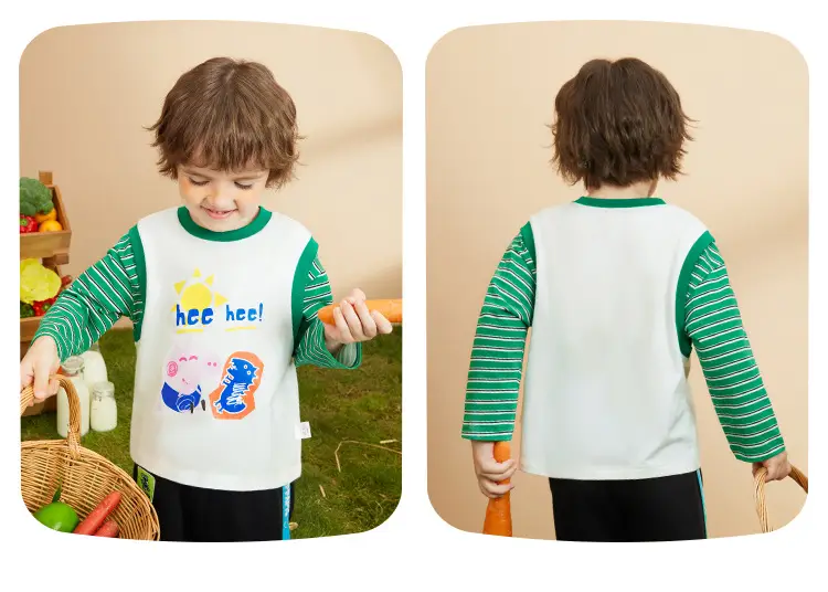 Children Cotton Piggy Print Long Sleeve T-Shirt Green White — feature 18